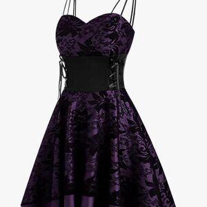 Spaghetti Strap Prom Dress Gothic High Low Floral Lace Bandage Corset Punk
